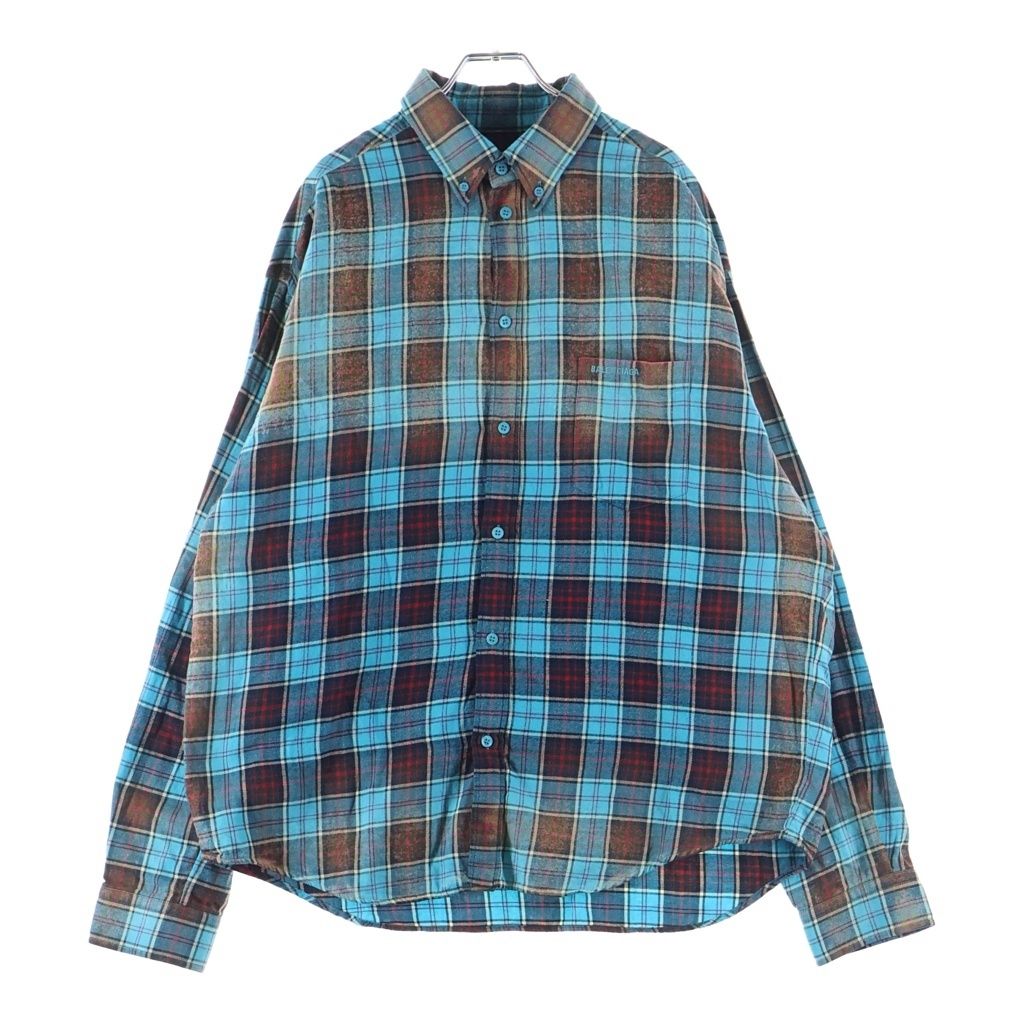 Balenciaga Logo Embroidery Bree Chiffron Flannel Check Long Sleeve Shirt Blue