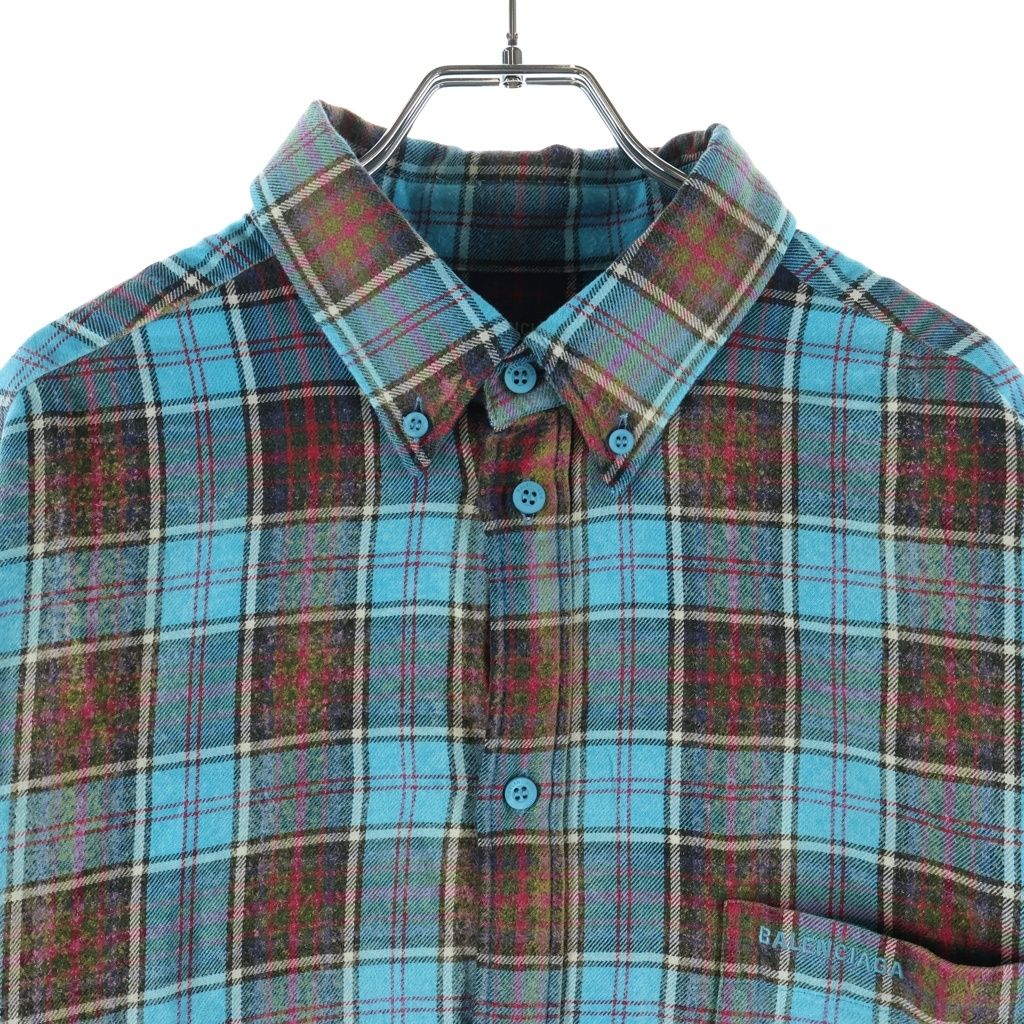 Balenciaga Logo Embroidery Bree Chiffron Flannel Check Long Sleeve Shirt Blue — view 3