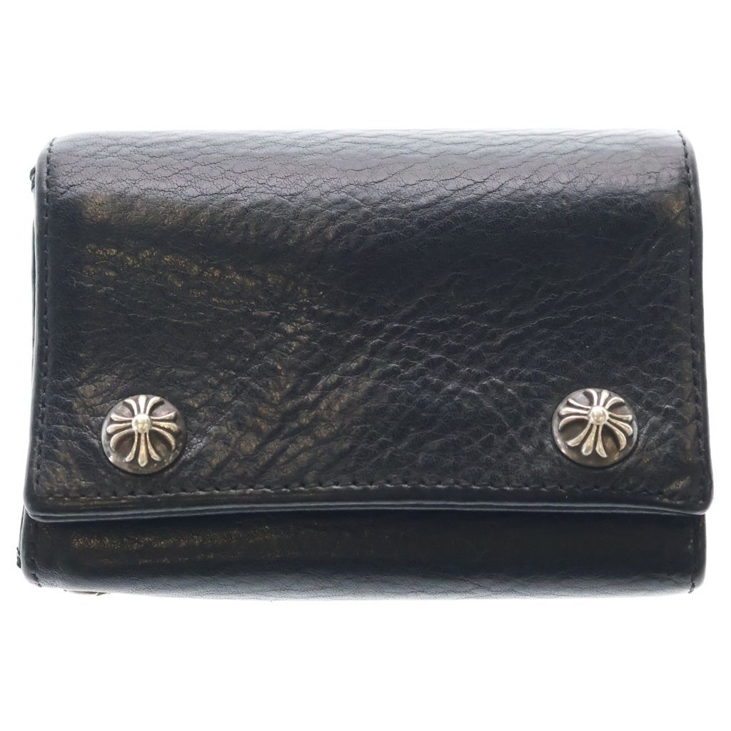 Chrome Hearts 3 Fold Cross Patch Button Leather Wallet Bifold Black