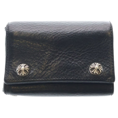 Chrome Hearts 3 Fold Cross Patch Button Leather Wallet Bifold Black