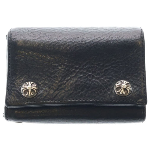 Chrome Hearts 3 Fold Cross Patch Button Leather Wallet Bifold Black