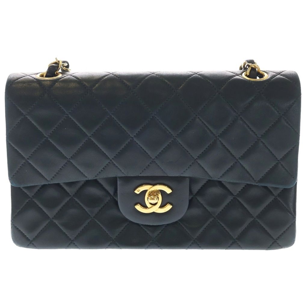 Chanel Quilted 23 Double Flap Chain Shoulder Bag Black Lambskin Gold
