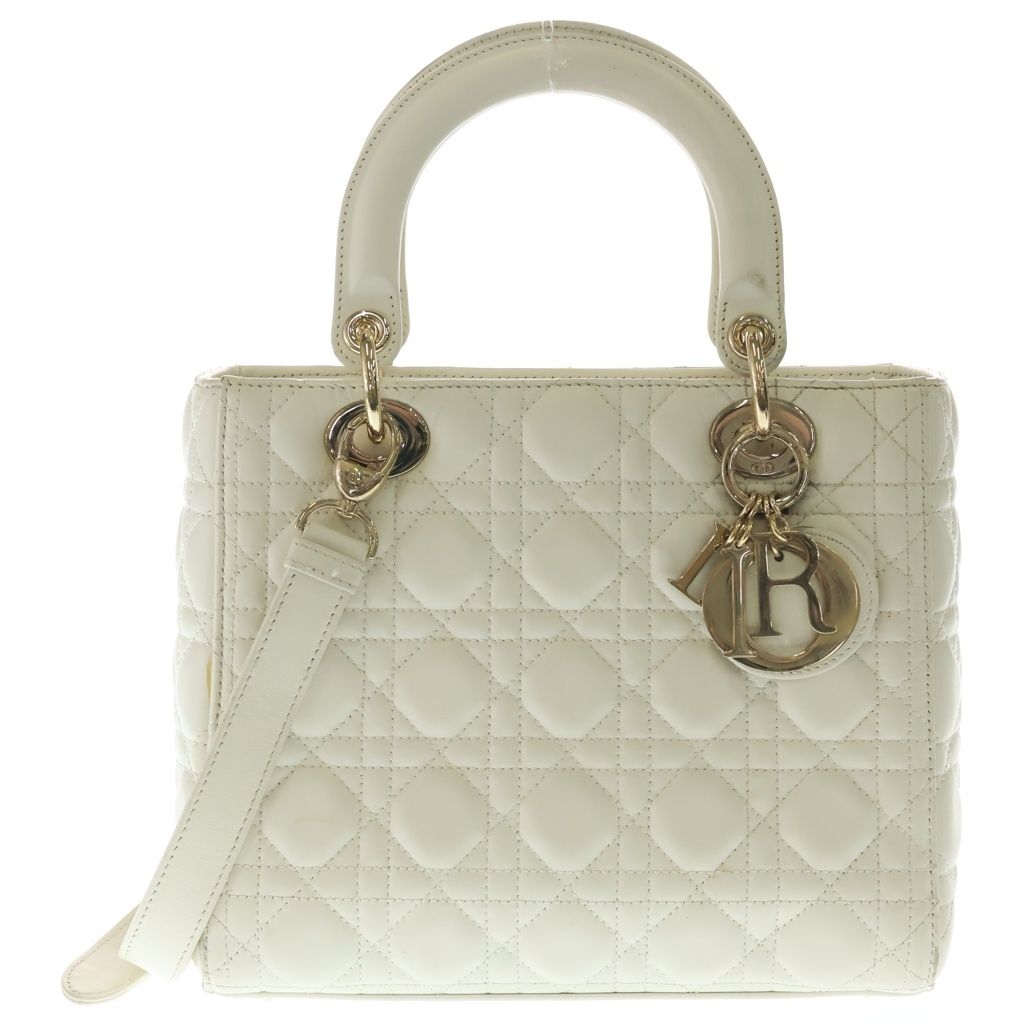 Dior Lady Cannage 2-Way Shoulder Bag White Leather Gold