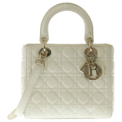 Dior Lady Cannage 2-Way Shoulder Bag White Leather Gold