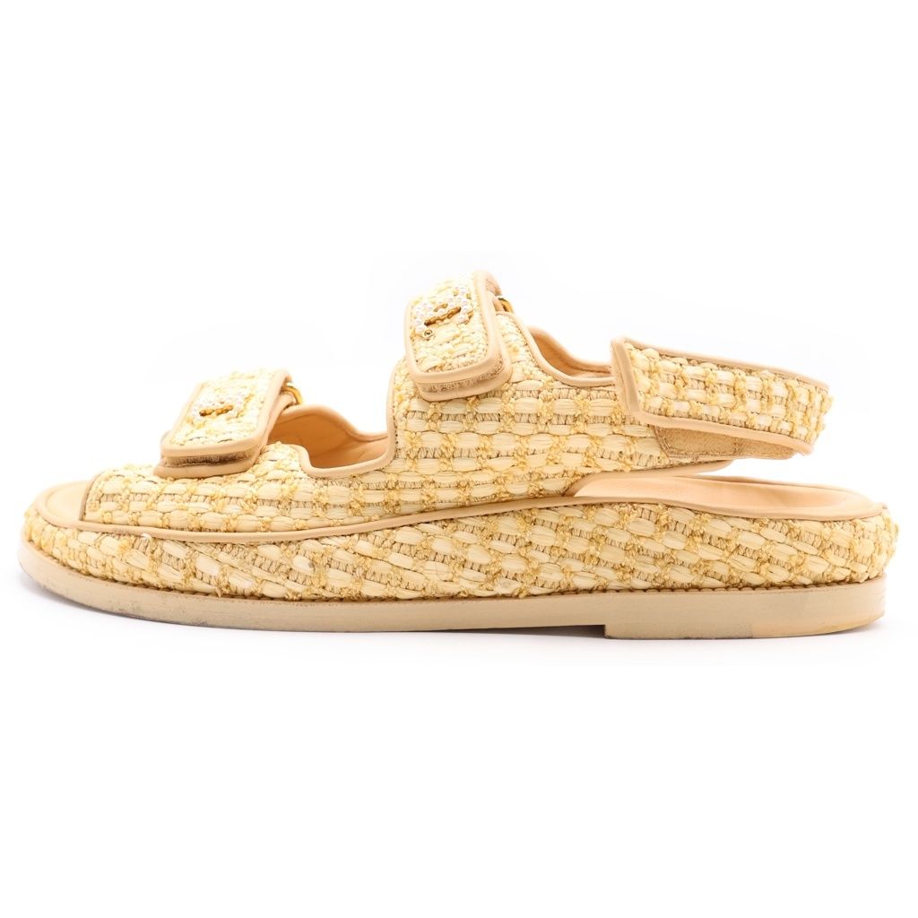 Chanel CC Logo Pearl Embellishment Tweed Sandals Yellow