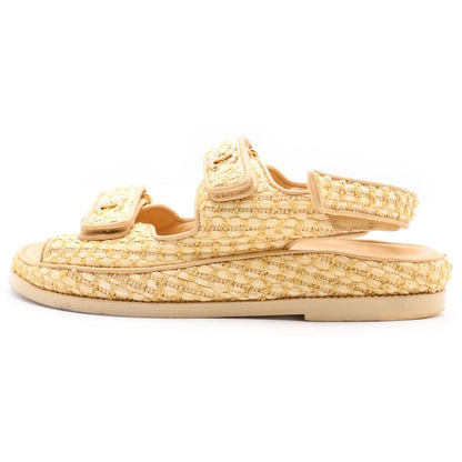 Chanel CC Logo Pearl Embellishment Tweed Sandals Yellow