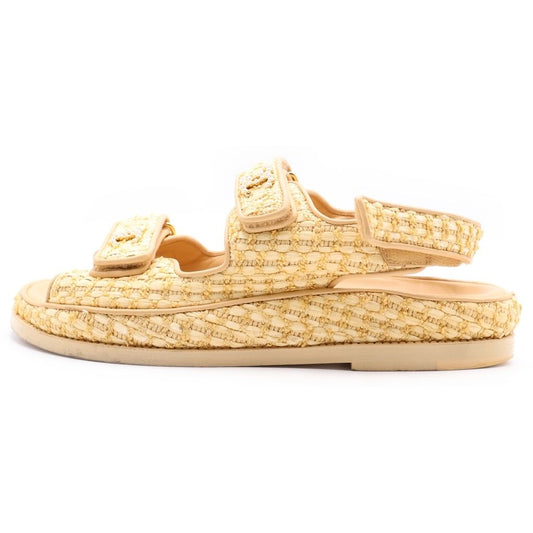 Chanel CC Logo Pearl Embellishment Tweed Sandals Yellow