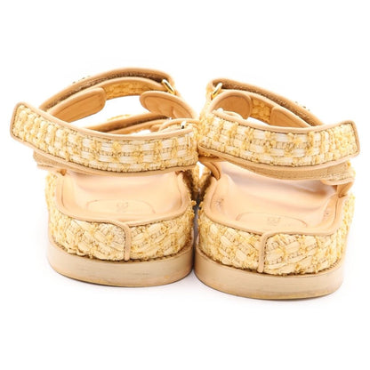 Chanel CC Logo Pearl Embellishment Tweed Sandals Yellow — view 3
