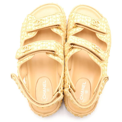 Chanel CC Logo Pearl Embellishment Tweed Sandals Yellow — view 4