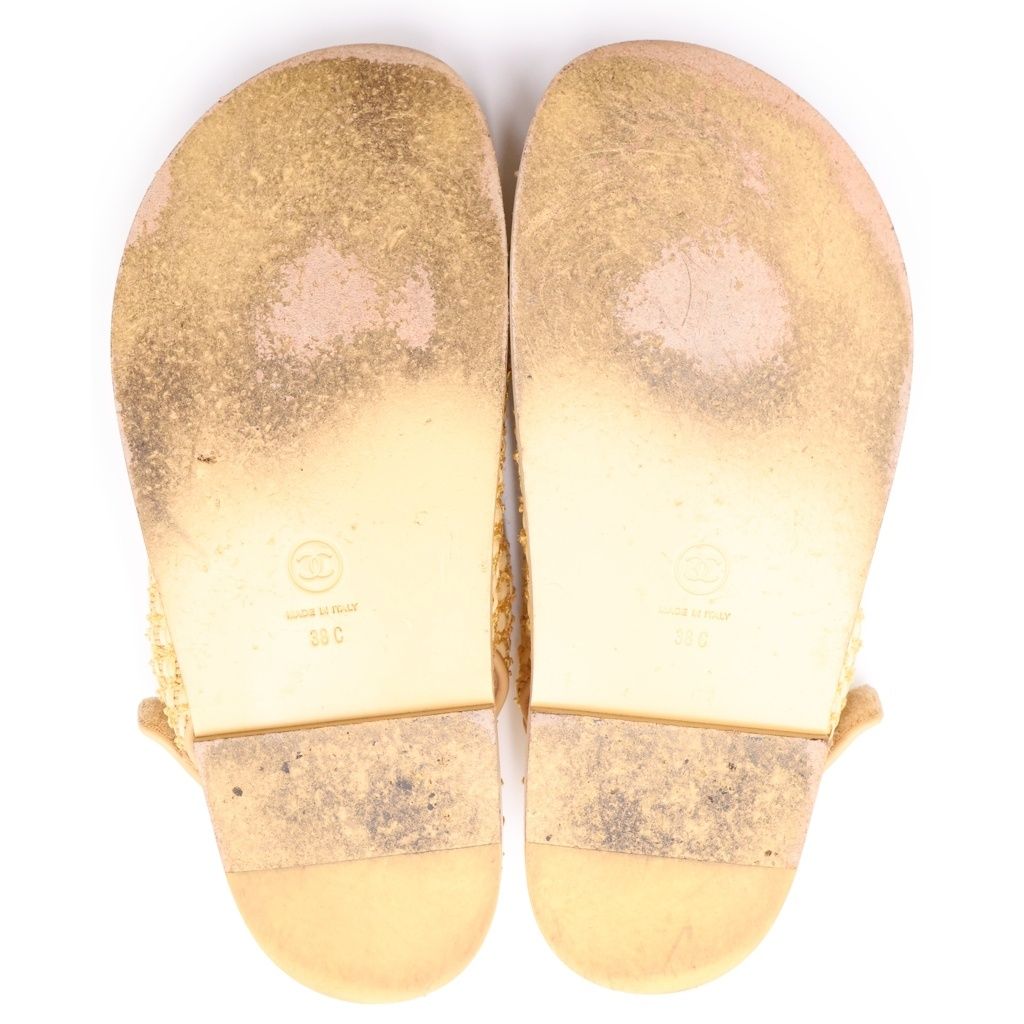 Chanel CC Logo Pearl Embellishment Tweed Sandals Yellow — view 5