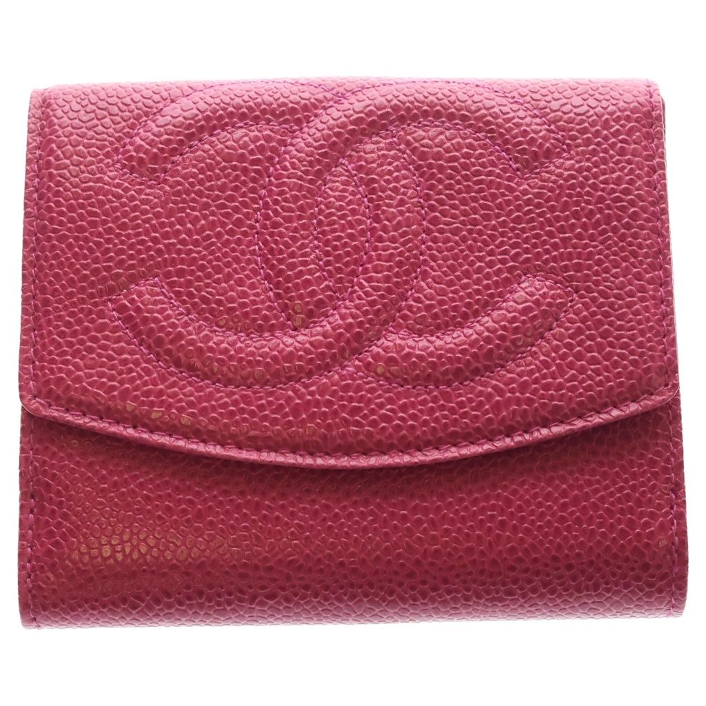 Chanel CC Logo Caviar Leather Compact Wallet Bifold Pink