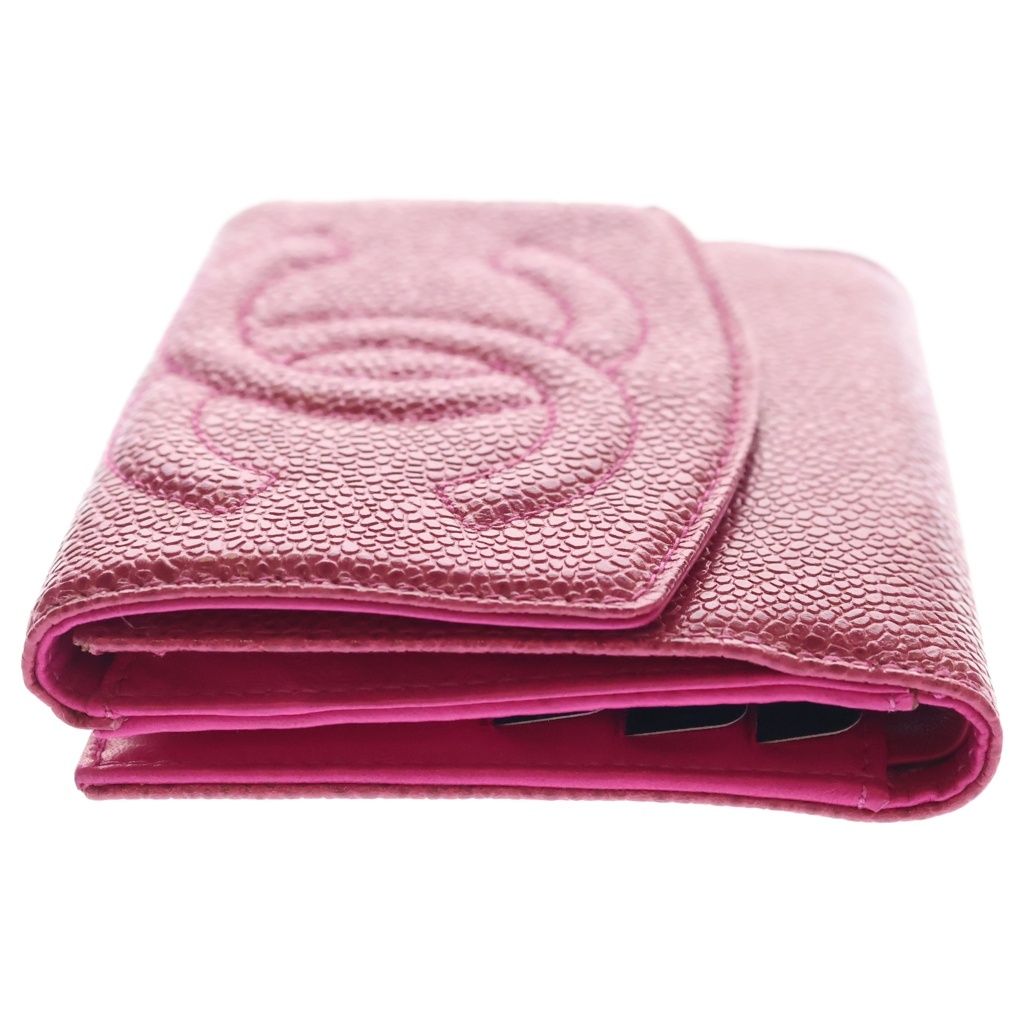 Chanel CC Logo Caviar Leather Compact Wallet Bifold Pink — view 3