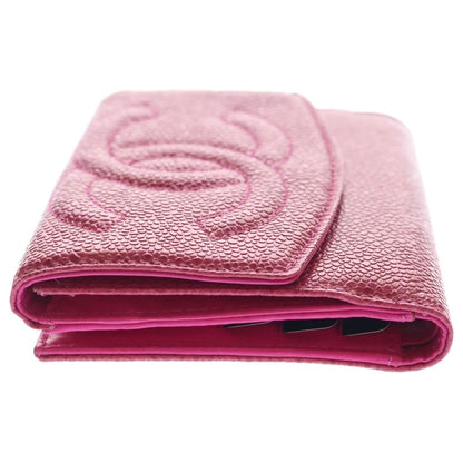 Chanel CC Logo Caviar Leather Compact Wallet Bifold Pink — view 3