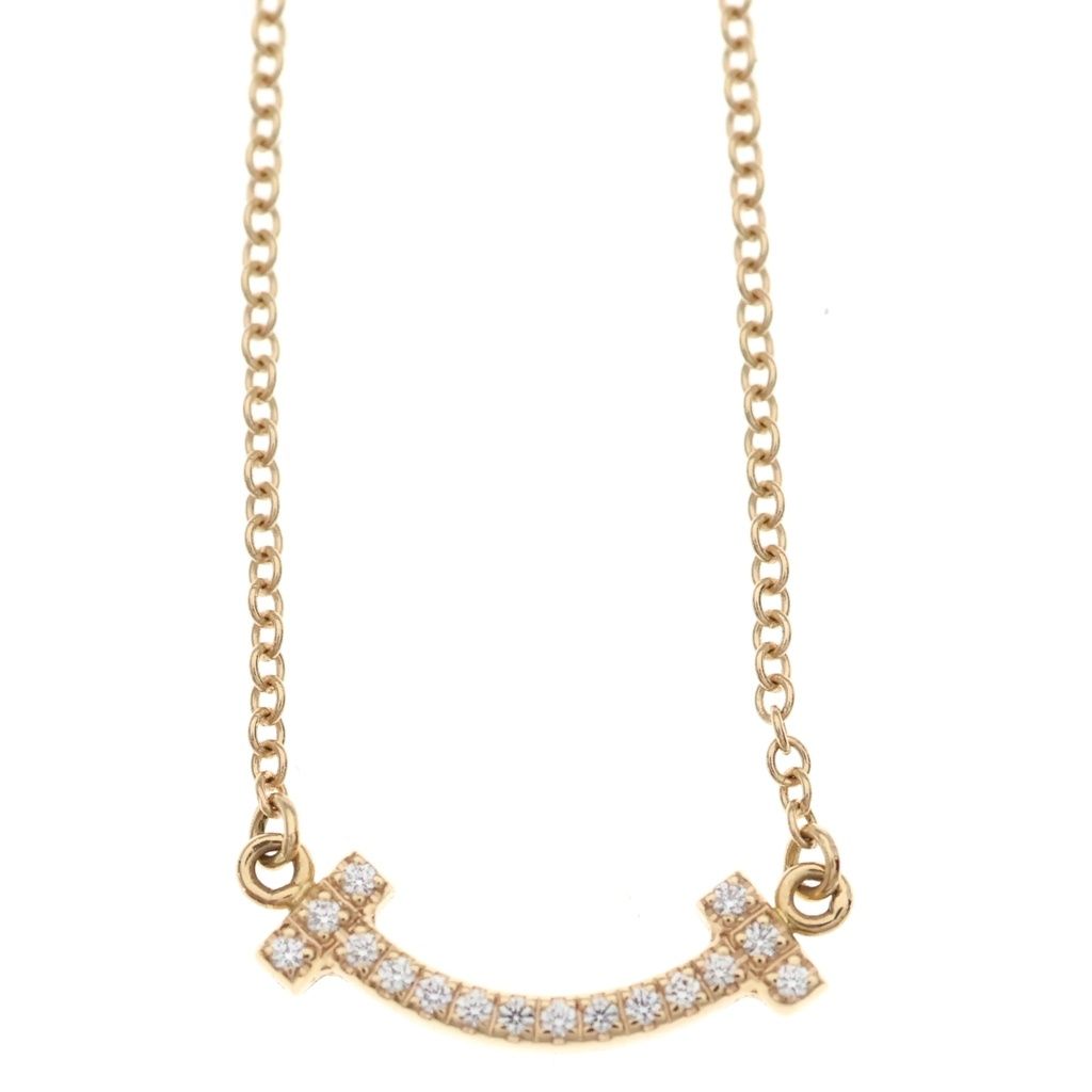 Tiffany & Co T Smile Mini Diamond Pendant Chain Pink Gold — view 3