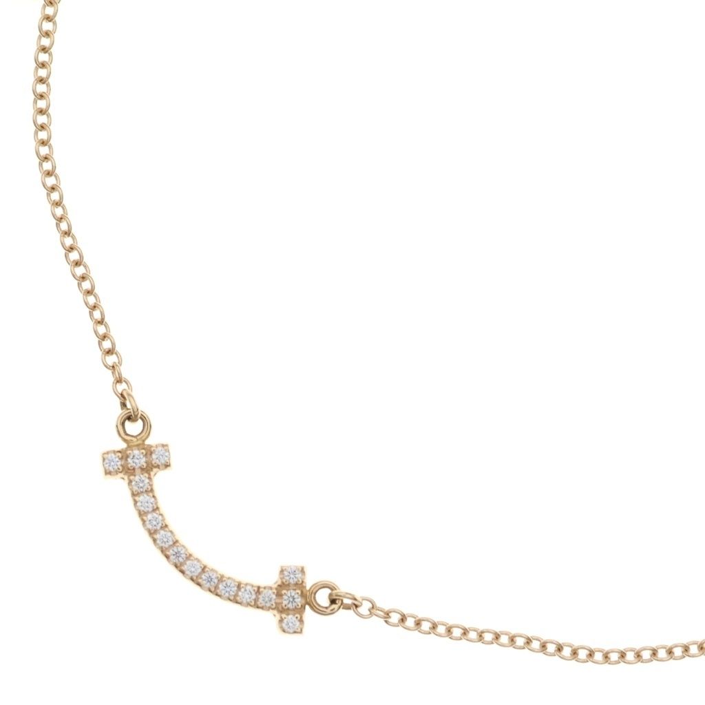 Tiffany & Co T Smile Mini Diamond Pendant Chain Pink Gold