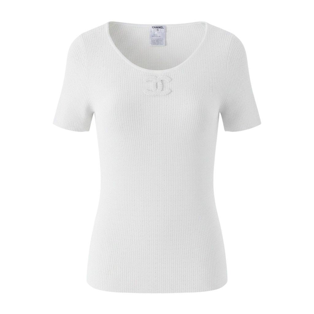 Chanel CC Logo Summer Knit Tunic Length 40 White Sweater