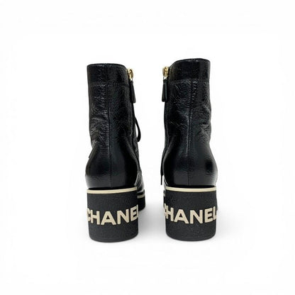 Chanel Boots Short Shoes Leather Black White CC Logo Lace — view 5