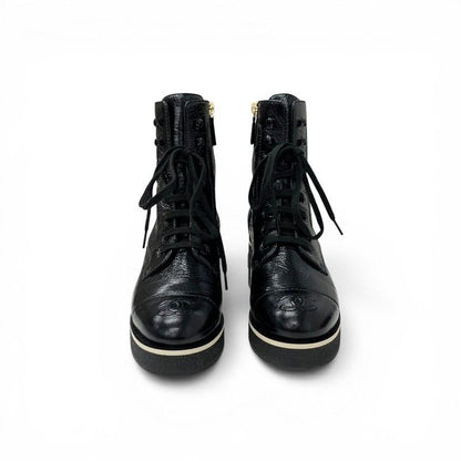 Chanel Boots Short Shoes Leather Black White CC Logo Lace — view 2