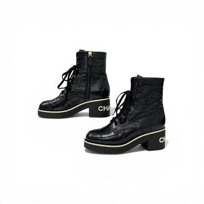 Chanel Boots Short Shoes Leather Black White CC Logo Lace — view 3