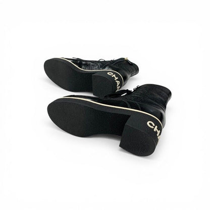 Chanel Boots Short Shoes Leather Black White CC Logo Lace — view 6