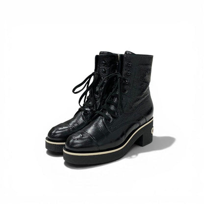 Chanel Boots Short Shoes Leather Black White CC Logo Lace