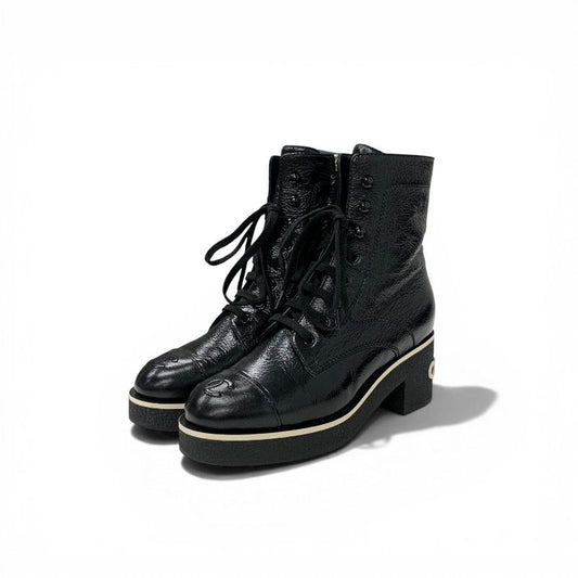 Chanel Boots Short Shoes Leather Black White CC Logo Lace
