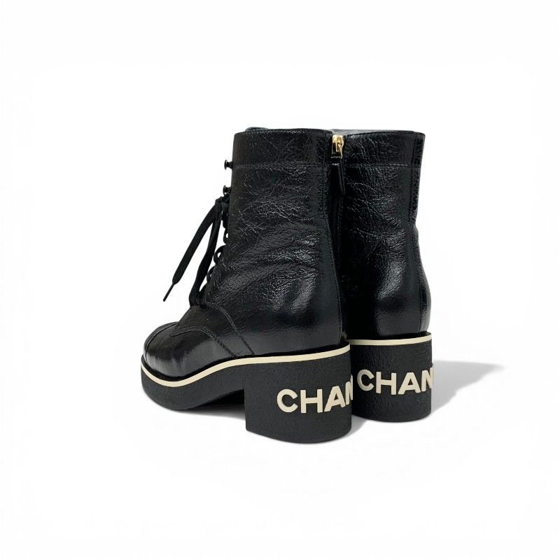 Chanel Boots Short Shoes Leather Black White CC Logo Lace — view 4
