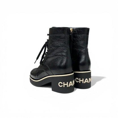 Chanel Boots Short Shoes Leather Black White CC Logo Lace — view 4