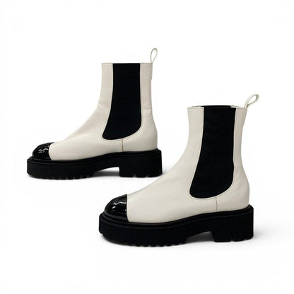Chanel Boots Short Shoes Leather Patent White Black CC Logo Side Gore — view 3