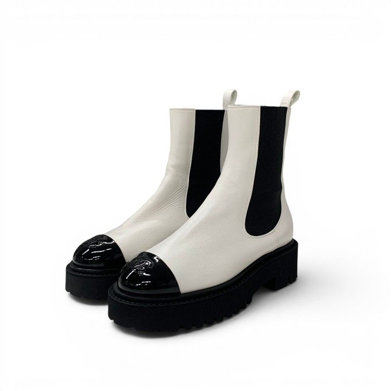 Chanel Boots Short Shoes Leather Patent White Black CC Logo Side Gore