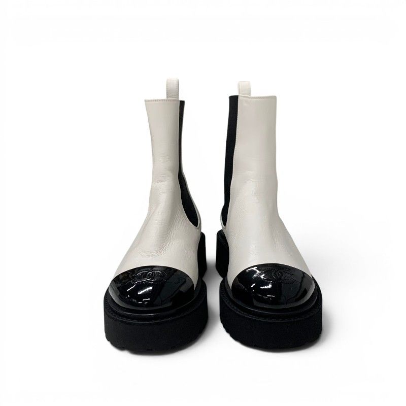 Chanel Boots Short Shoes Leather Patent White Black CC Logo Side Gore — view 2
