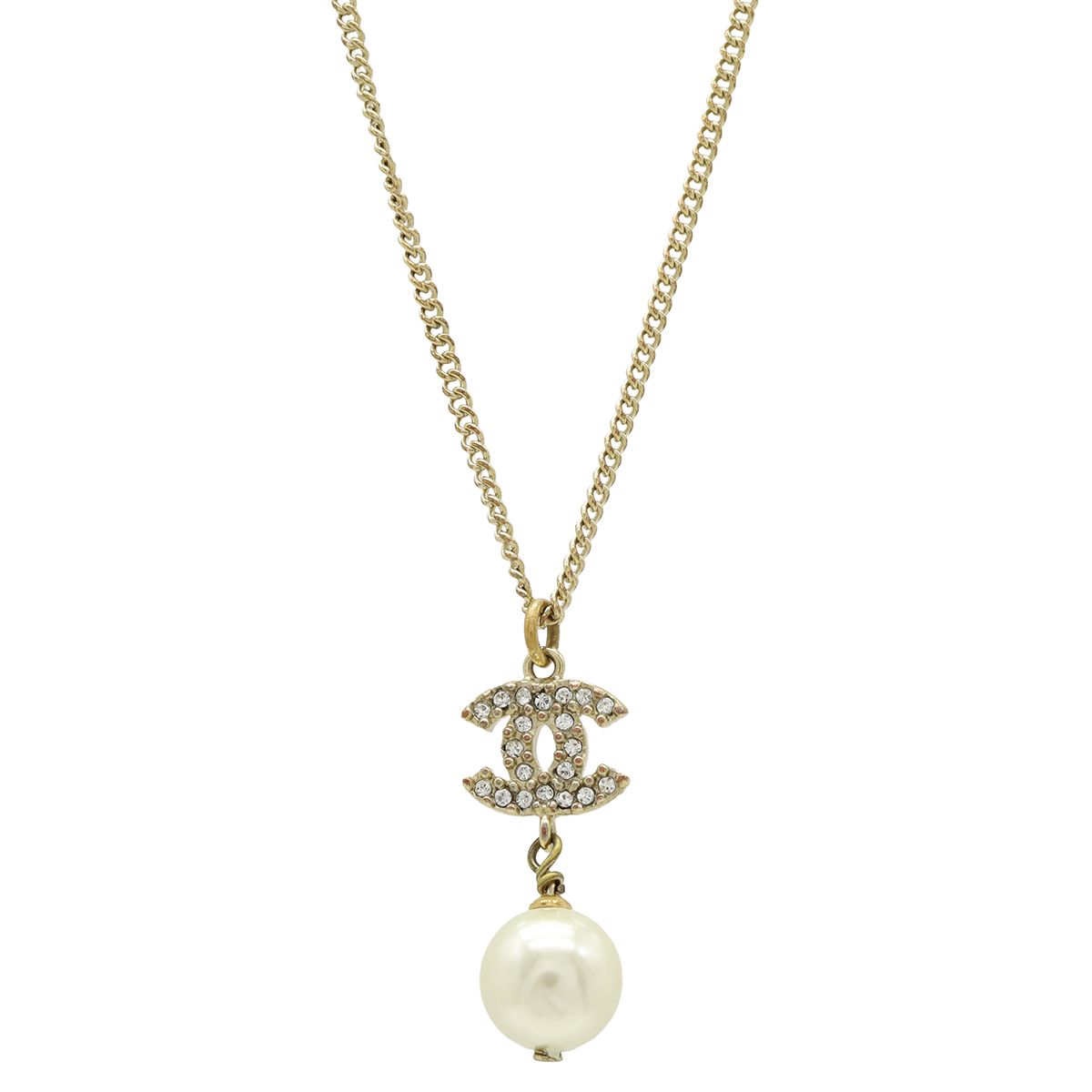 Chanel CC Logo Faux Pearl Pendant Rhinestone Gold Ivory