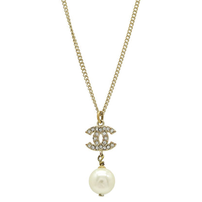 Chanel CC Logo Faux Pearl Pendant Rhinestone Gold Ivory