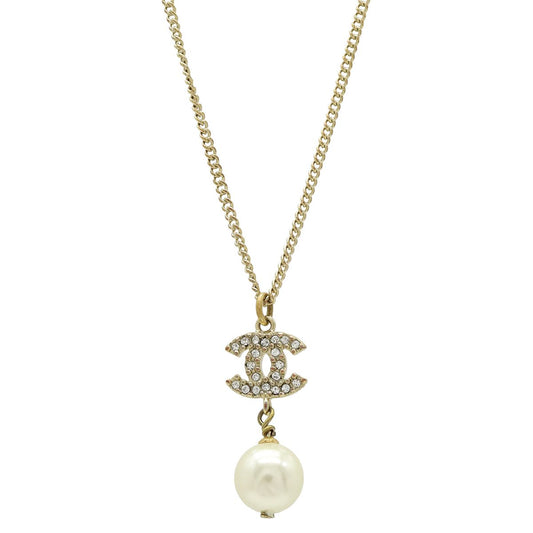 Chanel CC Logo Faux Pearl Pendant Rhinestone Gold Ivory