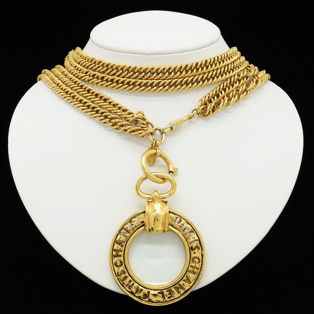 Chanel Loupe Necklace Chain Double Pendant Logo Circle Round Vintage Gold Plated — view 8