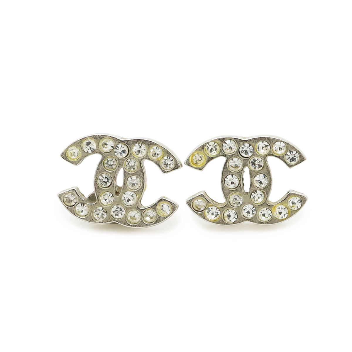 Chanel CC Logo Earrings Rhinestone Metal Silver