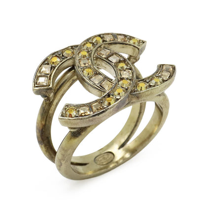 Chanel CC Logo Rhinestone Ring Gold Plated Orange