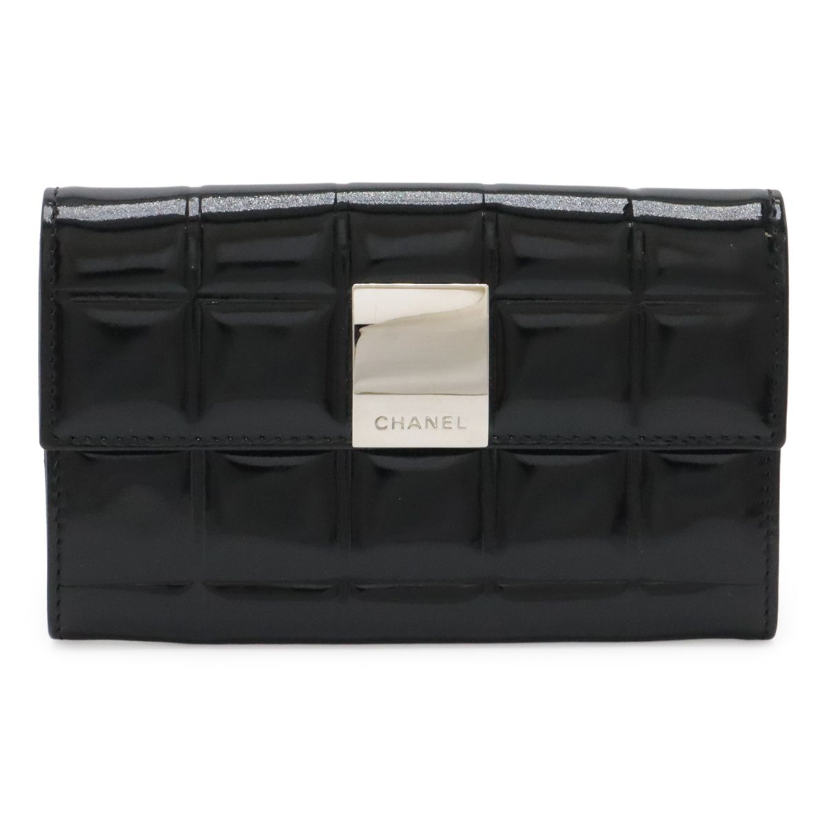 Chanel Choco Bar Coin Purse Enamel Patent Leather Black Silver