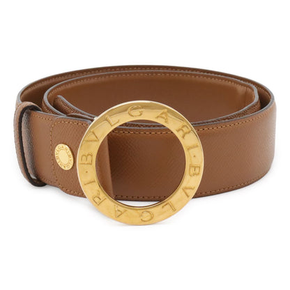 Bvlgari Belt Round Logo Buckle Leather Camel Light Brown Gold 105 Actual 80 cm
