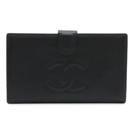 Chanel CC Logo Kiss Lock Wallet Caviar Leather Black Gold