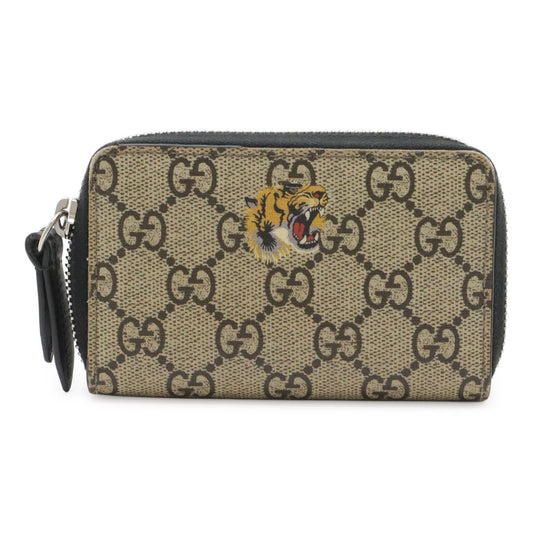 Gucci Bestiary GG Supreme Zip Around Coin Purse Tiger Print Beige