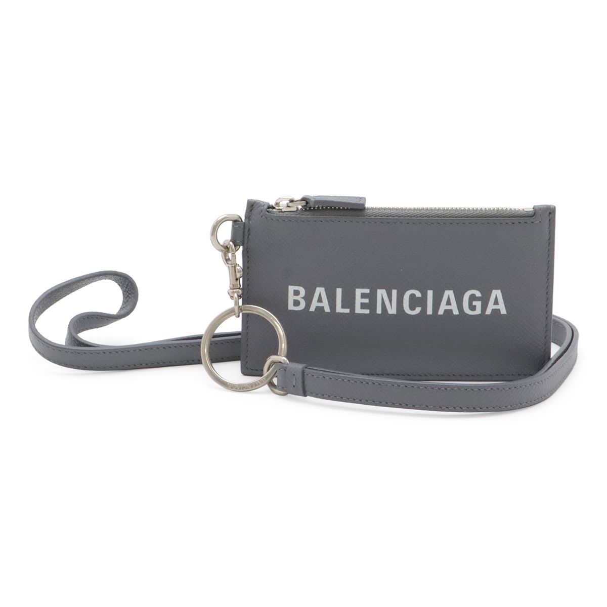 Balenciaga Logo Cash Coin Purse Card Case Fragment Leather Gray Neck Strap