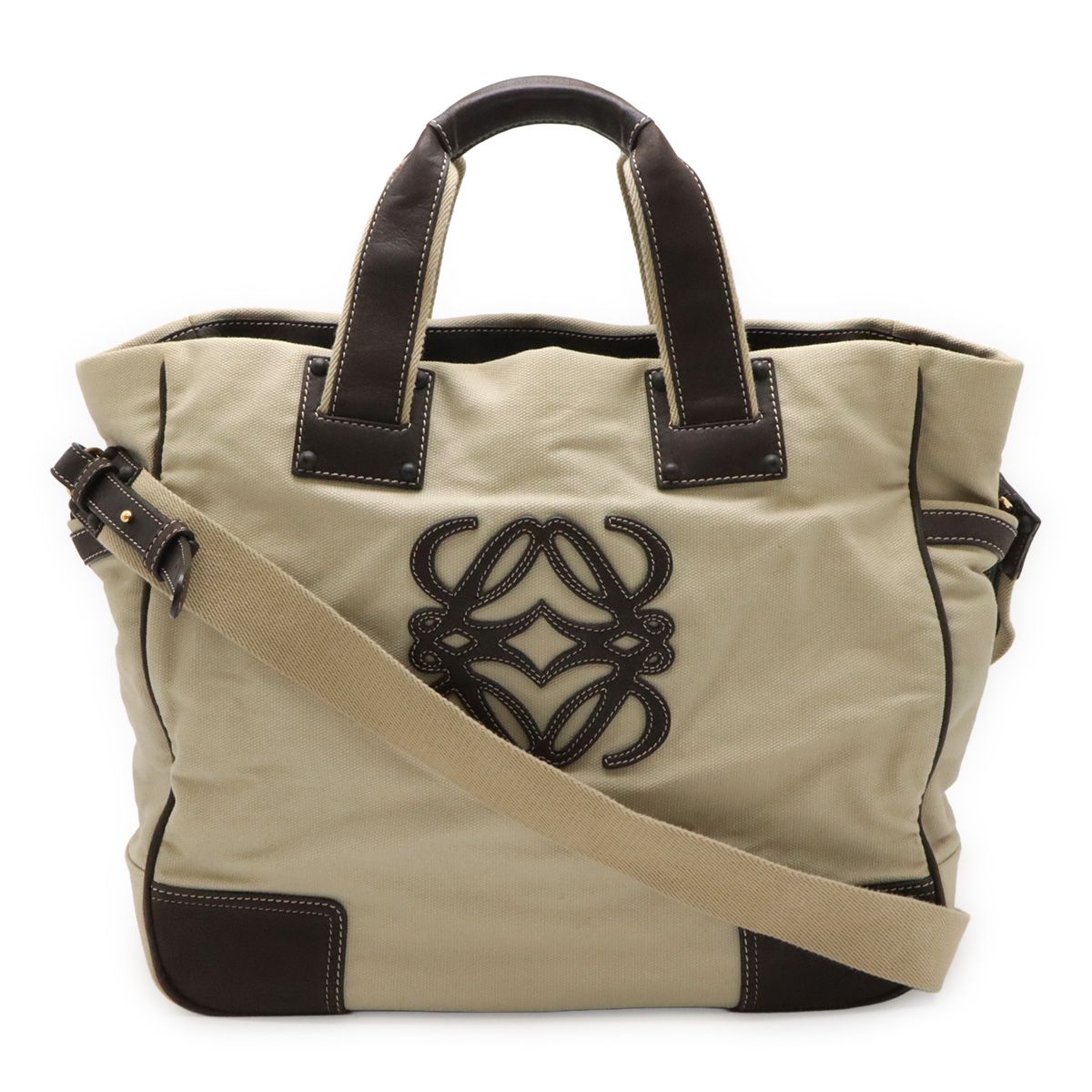 Loewe Anagram Tote 2-Way Shoulder Bag Canvas Leather Beige Dark Brown