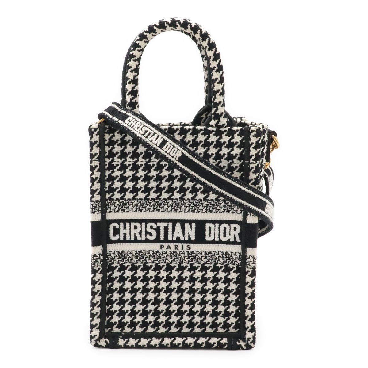 Dior Book Tote Phone Mini Bag 2-Way Canvas Houndstooth Black White