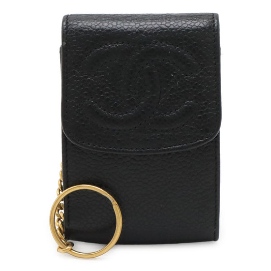 Chanel CC Logo Mini Pouch Multi Case Lip Caviar Leather Black Gold