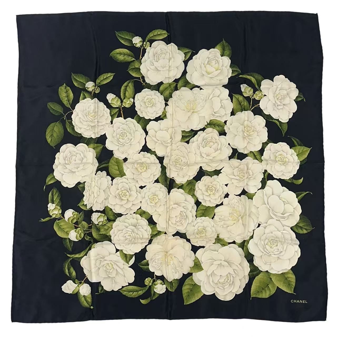 Chanel Logo Scarf Floral Pattern Black