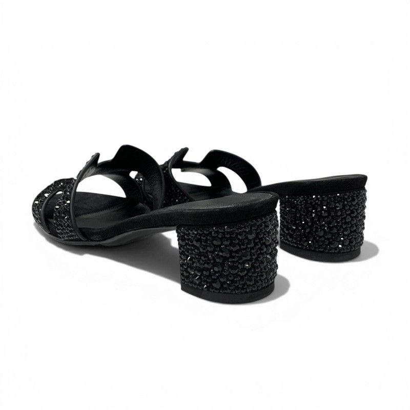 Hermes Oasis Sandals Shoes Leather Suede Black Rhinestone Mules — view 4