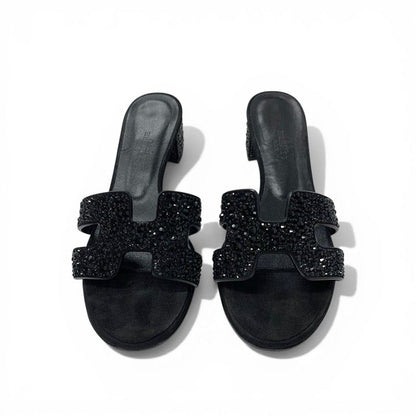 Hermes Oasis Sandals Shoes Leather Suede Black Rhinestone Mules — view 2