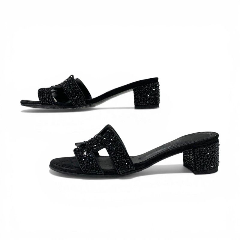 Hermes Oasis Sandals Shoes Leather Suede Black Rhinestone Mules — view 3