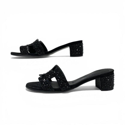 Hermes Oasis Sandals Shoes Leather Suede Black Rhinestone Mules — view 3